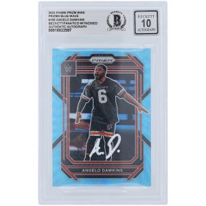 Angelo Dawkins WWE Autographed 2023 Panini Prizm Blue Wave Prizm White Ink #169 Beckett Fanatics Witnessed Authenticated 10 Card
